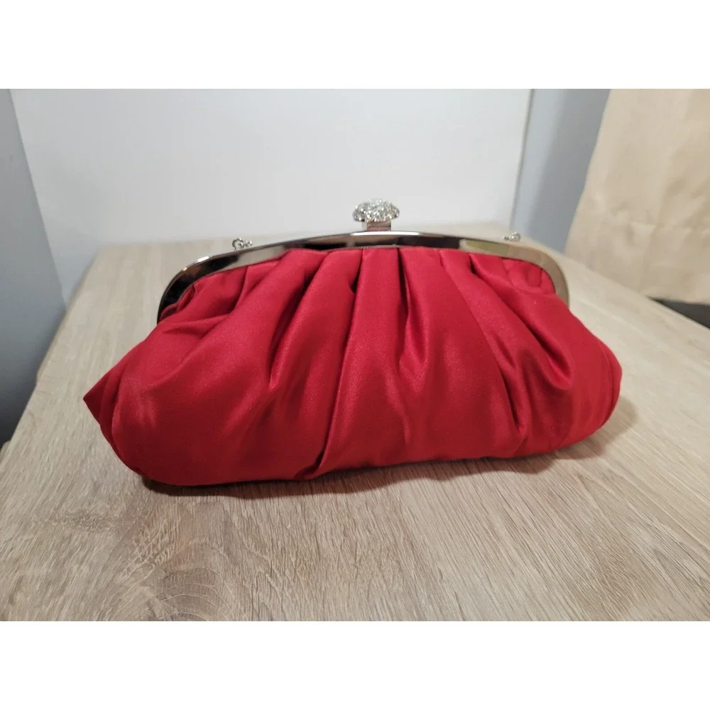 Lulu Townsend Red Clutch w/ Rhinestone Clasp & Chaine strap Purse Night Bag